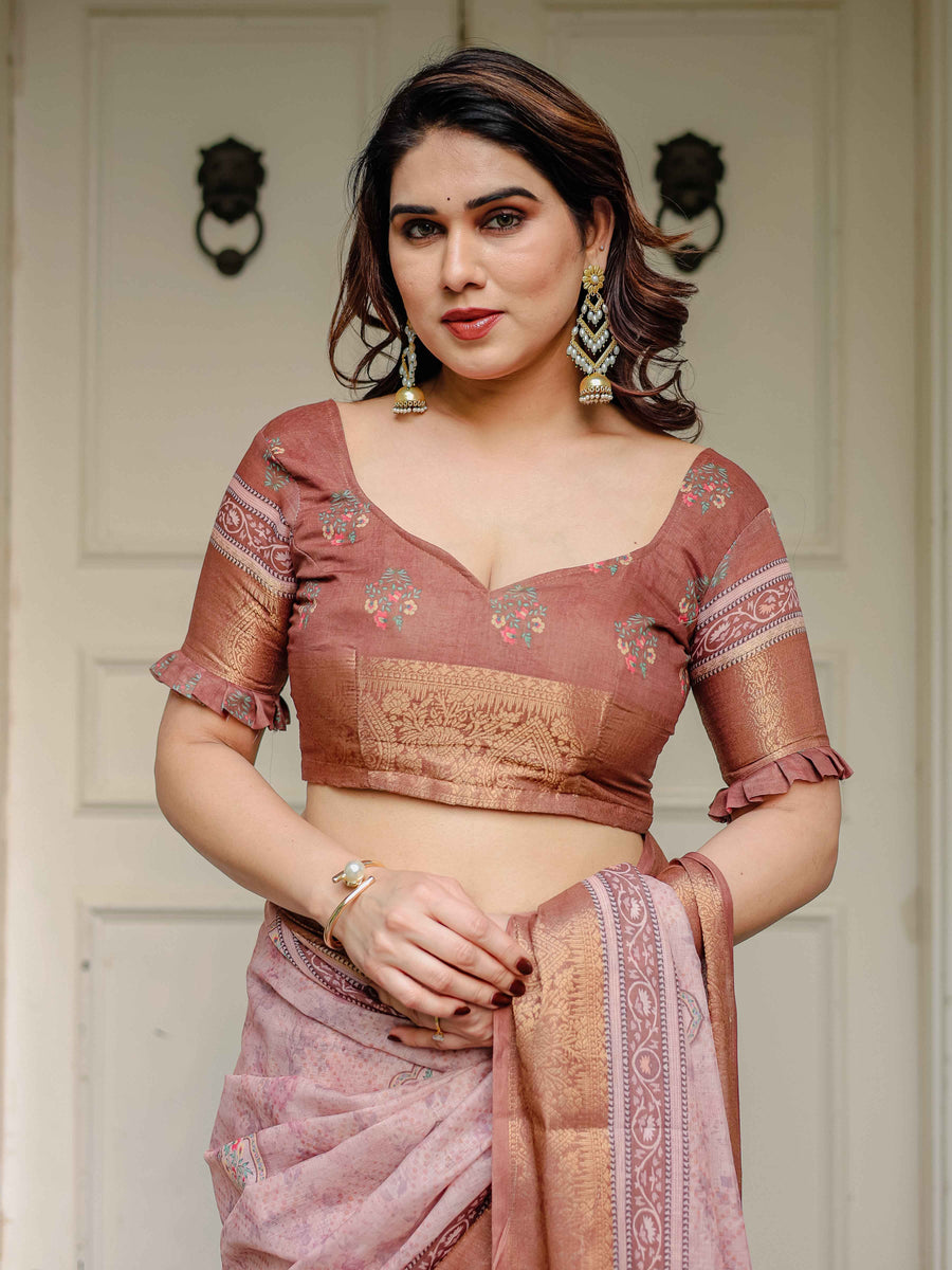 Dusty Peach & Copper Zari Woven Saree with Pastel Motifs & Tassels – Festive Traditional Wear