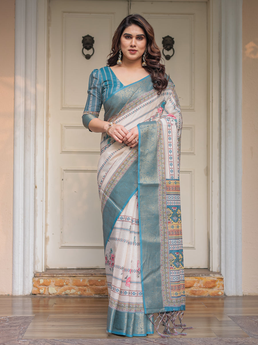 Off-White & Aqua Teal Traditional Printed Saree with Rich Zari Border & Tassels – Ethnic Festive Wear