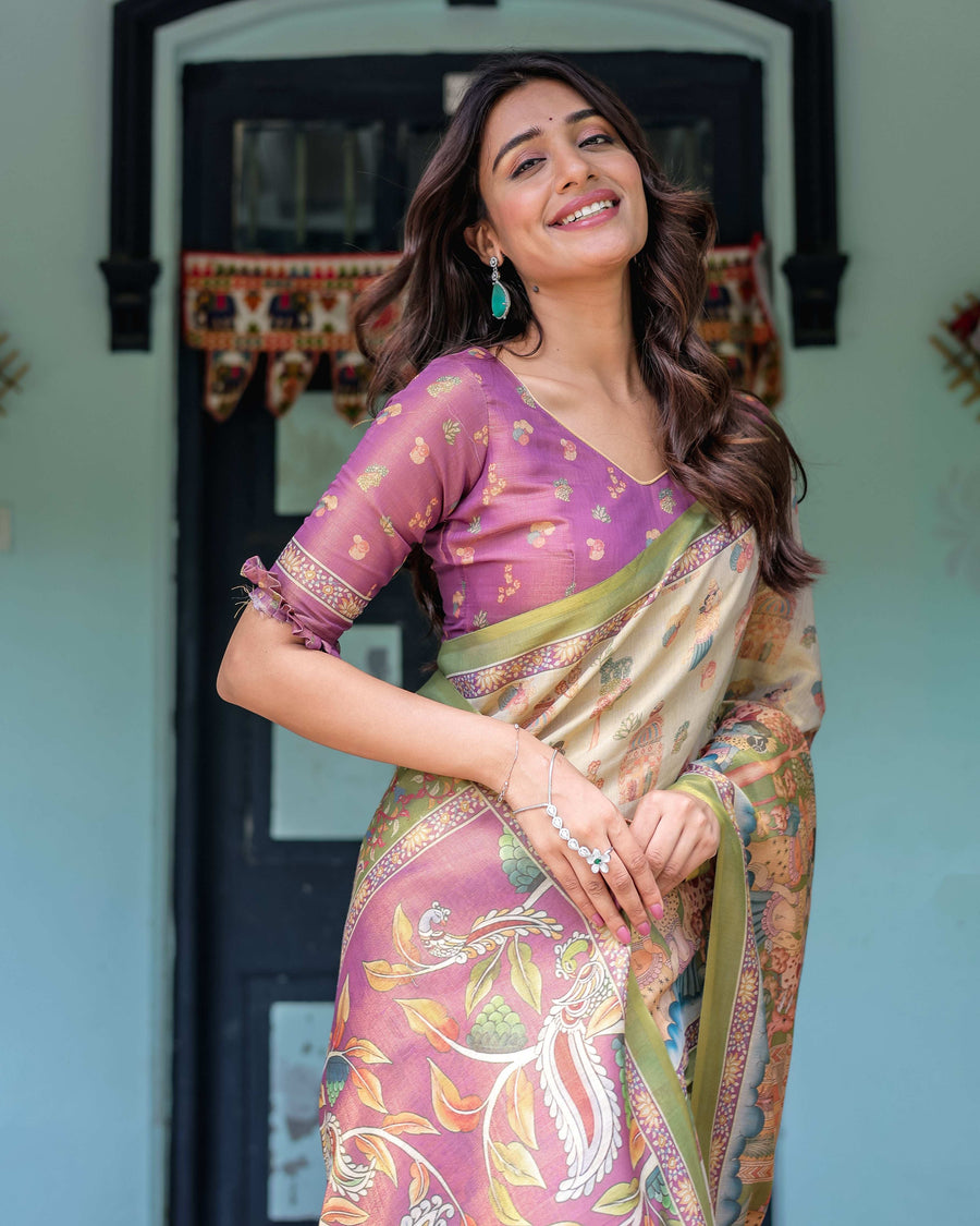 Ivory & Violet Handloom Cotton Saree with Royal Procession & Tree of Life Pallu