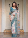 Off-White & Aqua Teal Traditional Printed Saree with Rich Zari Border & Tassels – Ethnic Festive Wear