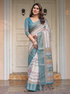 Off-White & Aqua Teal Traditional Printed Saree with Rich Zari Border & Tassels – Ethnic Festive Wear