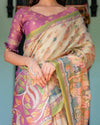 Ivory & Violet Handloom Cotton Saree with Royal Procession & Tree of Life Pallu