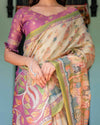 Ivory & Violet Handloom Cotton Saree with Royal Procession & Tree of Life Pallu