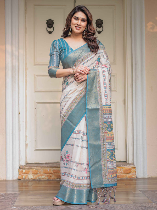 Off-White & Aqua Teal Traditional Printed Saree with Rich Zari Border & Tassels – Ethnic Festive Wear