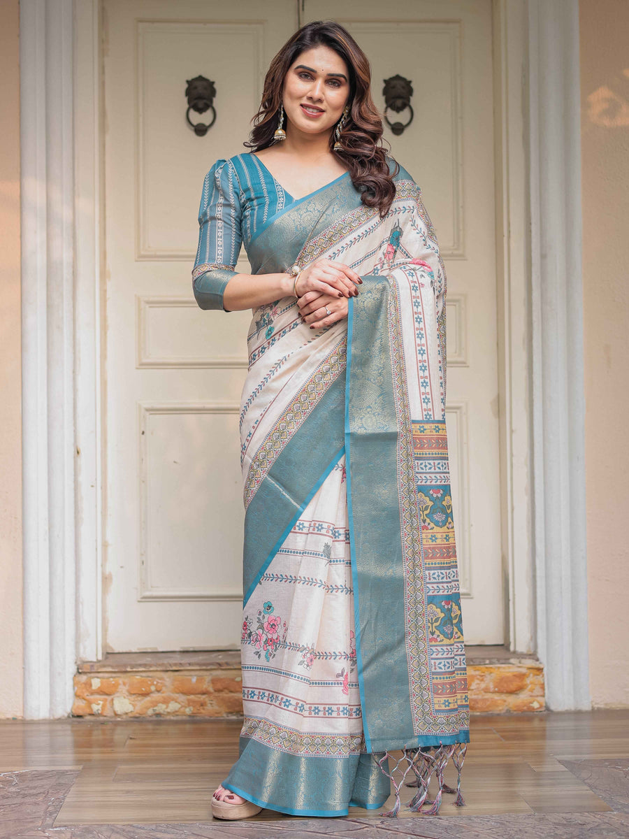 Off-White & Aqua Teal Traditional Printed Saree with Rich Zari Border & Tassels – Ethnic Festive Wear