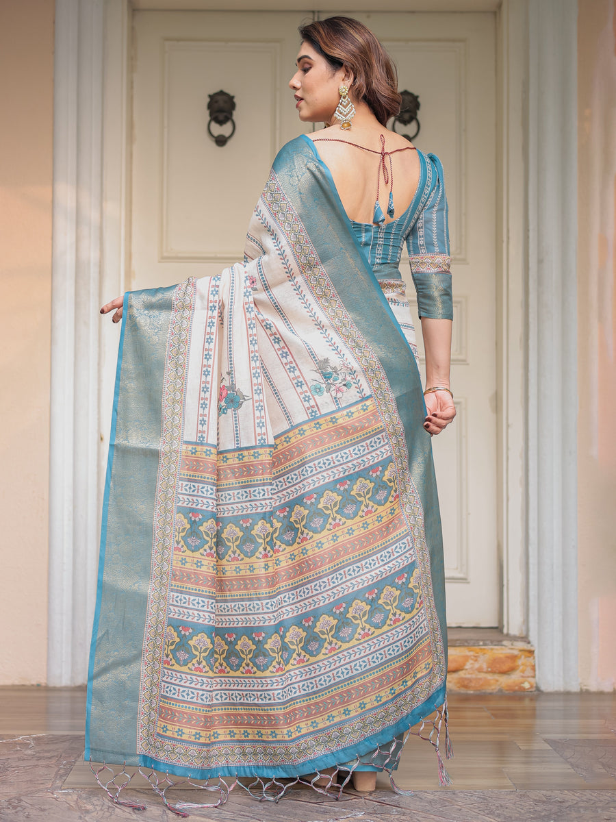 Off-White & Aqua Teal Traditional Printed Saree with Rich Zari Border & Tassels – Ethnic Festive Wear
