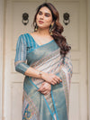 Off-White & Aqua Teal Traditional Printed Saree with Rich Zari Border & Tassels – Ethnic Festive Wear