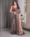 Beige Handloom Saree with Maroon Leaf Butta & Black Zari Woven Pallu | Festive Drape | 5.5m Saree + 0.8m Blouse