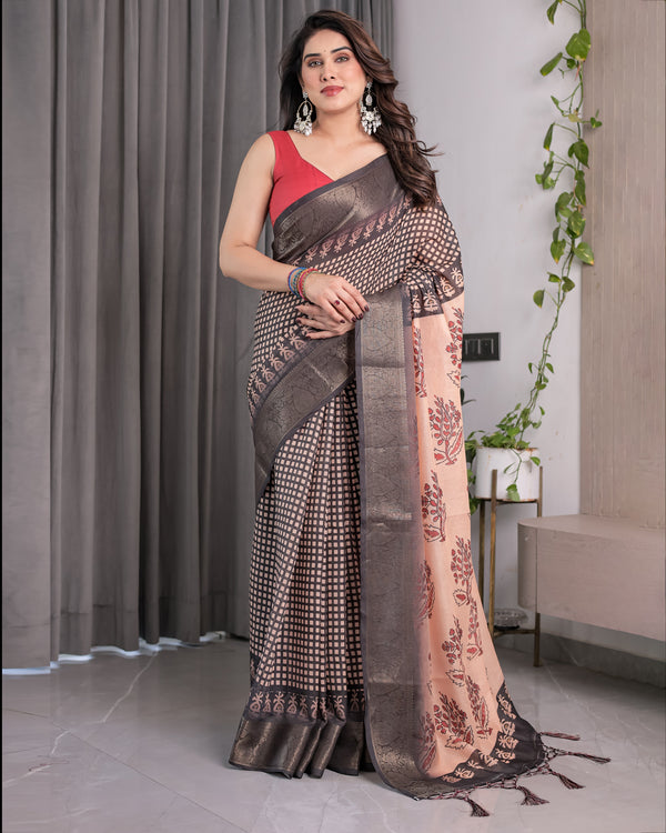 Beige Handloom Saree with Maroon Leaf Butta & Black Zari Woven Pallu | Festive Drape | 5.5m Saree + 0.8m Blouse