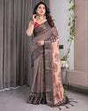 Beige Handloom Saree with Maroon Leaf Butta & Black Zari Woven Pallu | Festive Drape | 5.5m Saree + 0.8m Blouse