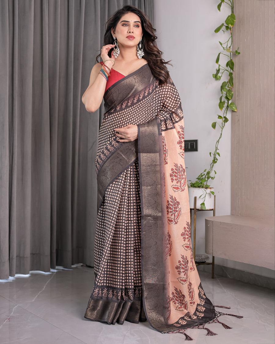 Beige Handloom Saree with Maroon Leaf Butta & Black Zari Woven Pallu | Festive Drape | 5.5m Saree + 0.8m Blouse