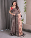 Beige Handloom Saree with Maroon Leaf Butta & Black Zari Woven Pallu | Festive Drape | 5.5m Saree + 0.8m Blouse