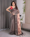 Beige Handloom Saree with Maroon Leaf Butta & Black Zari Woven Pallu | Festive Drape | 5.5m Saree + 0.8m Blouse