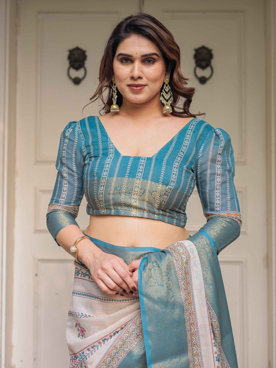 Off-White & Aqua Teal Traditional Printed Saree with Rich Zari Border & Tassels – Ethnic Festive Wear