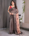 Beige Handloom Saree with Maroon Leaf Butta & Black Zari Woven Pallu | Festive Drape | 5.5m Saree + 0.8m Blouse