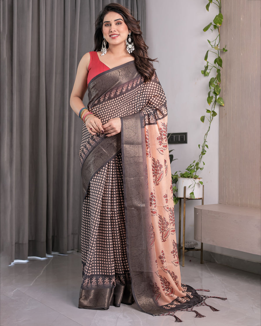 Beige Handloom Saree with Maroon Leaf Butta & Black Zari Woven Pallu | Festive Drape | 5.5m Saree + 0.8m Blouse