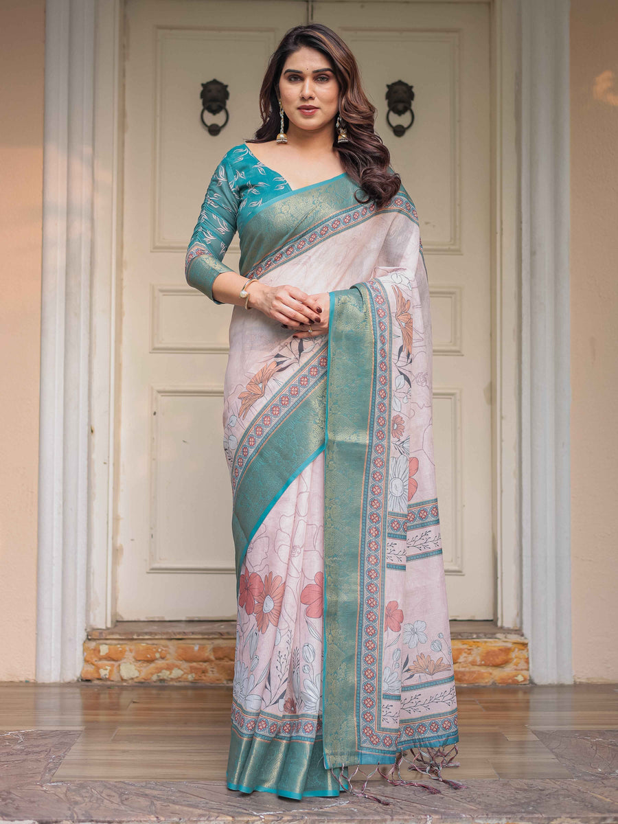 Pastel Lavender Floral Printed Saree with Teal Green Zari Border & Tassels – Festive Ethnic Wear