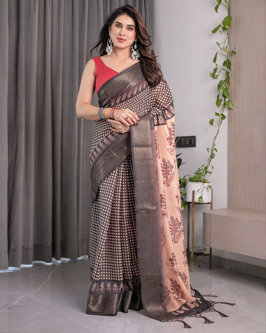 Beige Handloom Saree with Maroon Leaf Butta & Black Zari Woven Pallu | Festive Drape | 5.5m Saree + 0.8m Blouse