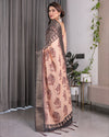 Beige Handloom Saree with Maroon Leaf Butta & Black Zari Woven Pallu | Festive Drape | 5.5m Saree + 0.8m Blouse