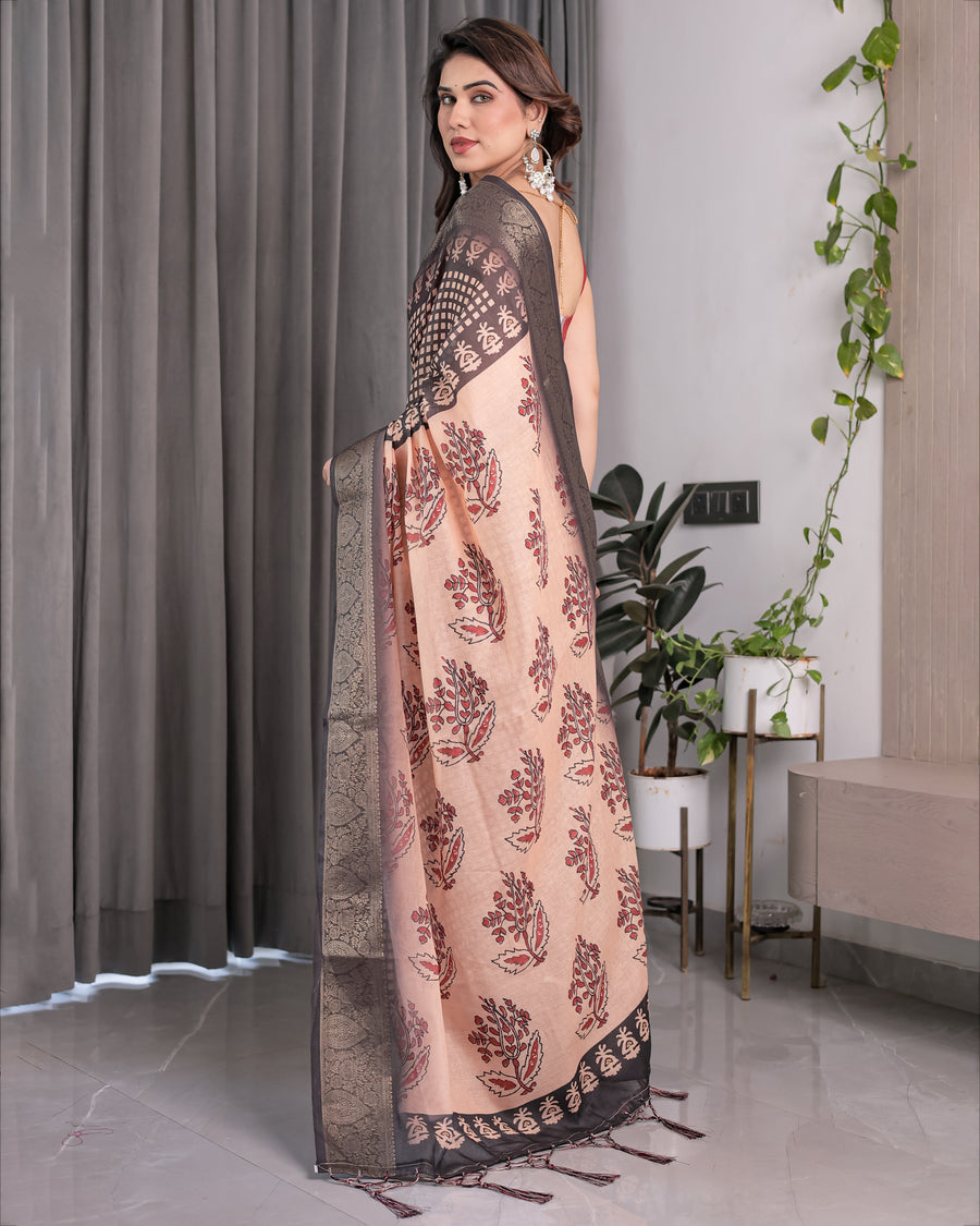 Beige Handloom Saree with Maroon Leaf Butta & Black Zari Woven Pallu | Festive Drape | 5.5m Saree + 0.8m Blouse