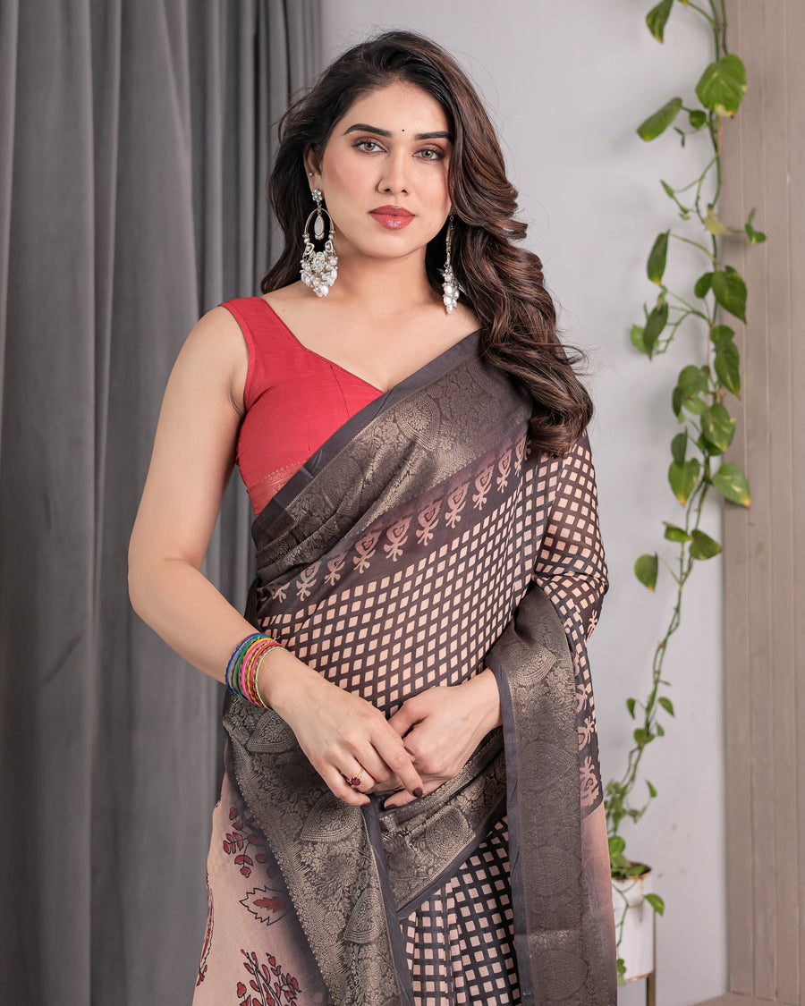 Beige Handloom Saree with Maroon Leaf Butta & Black Zari Woven Pallu | Festive Drape | 5.5m Saree + 0.8m Blouse