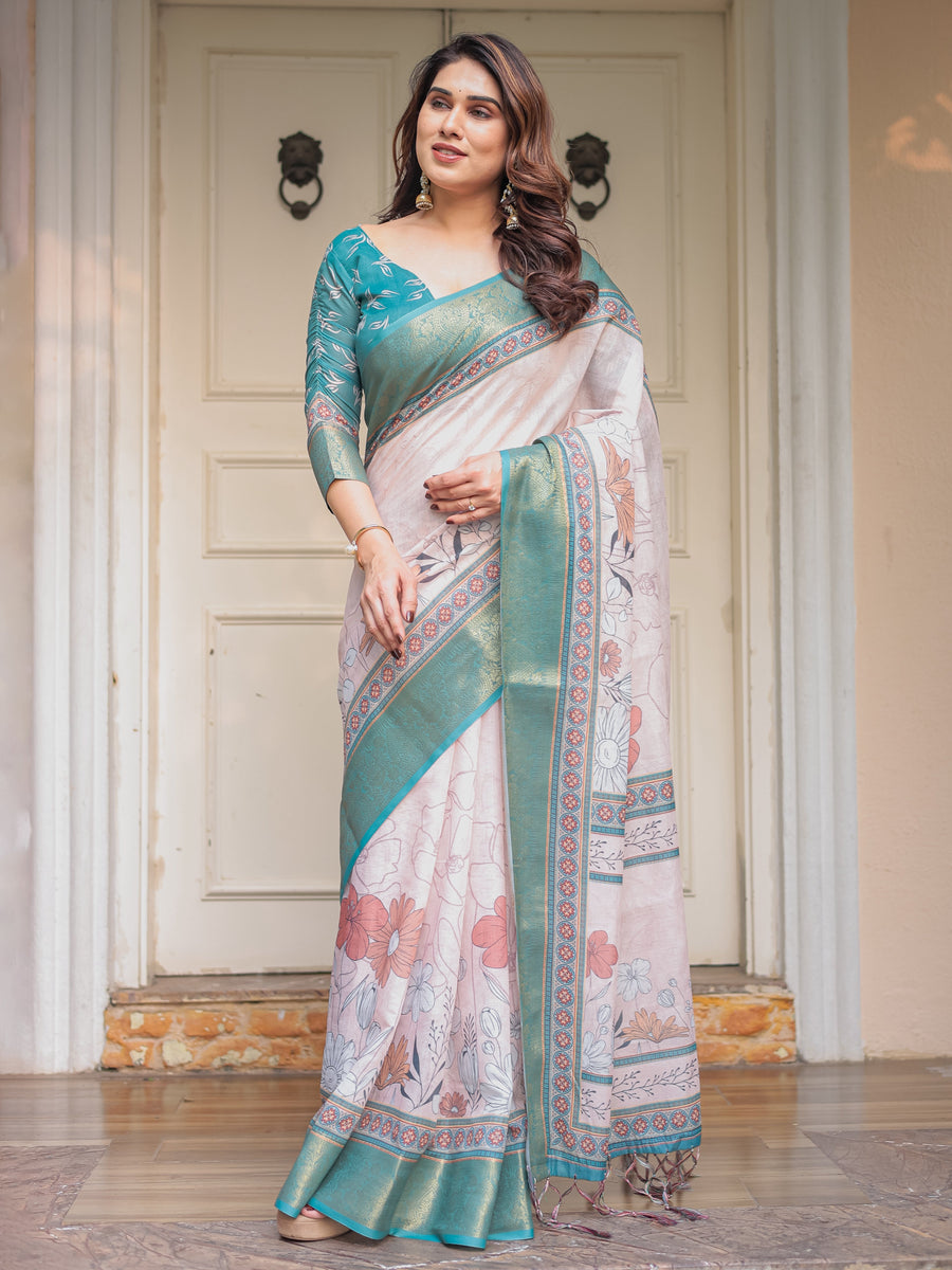 Pastel Lavender Floral Printed Saree with Teal Green Zari Border & Tassels – Festive Ethnic Wear