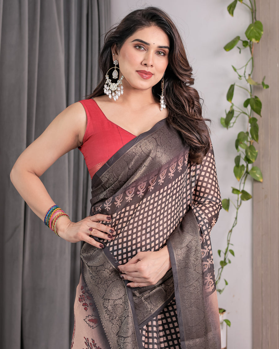 Beige Handloom Saree with Maroon Leaf Butta & Black Zari Woven Pallu | Festive Drape | 5.5m Saree + 0.8m Blouse