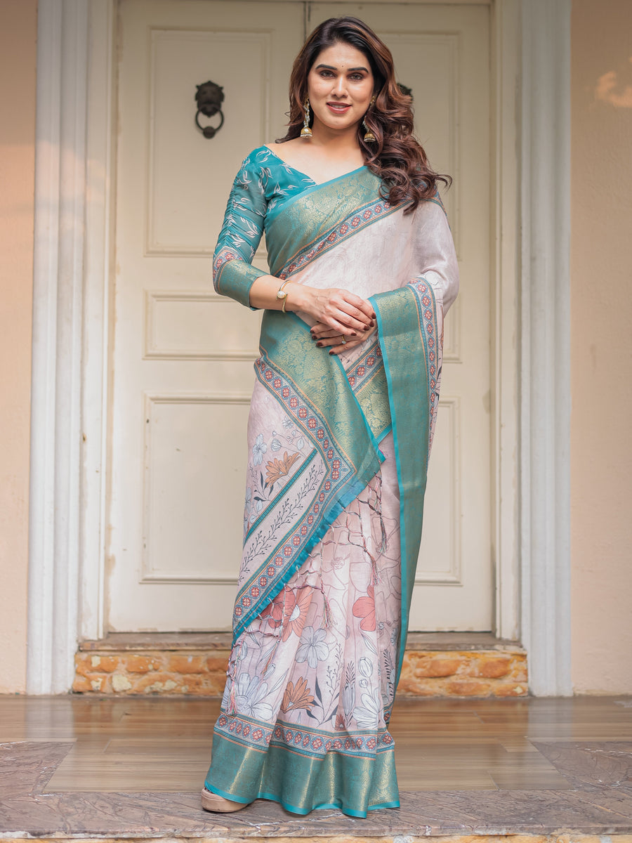 Pastel Lavender Floral Printed Saree with Teal Green Zari Border & Tassels – Festive Ethnic Wear