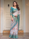 Pastel Lavender Floral Printed Saree with Teal Green Zari Border & Tassels – Festive Ethnic Wear