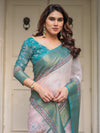 Pastel Lavender Floral Printed Saree with Teal Green Zari Border & Tassels – Festive Ethnic Wear