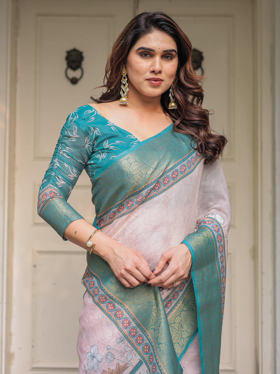 Pastel Lavender Floral Printed Saree with Teal Green Zari Border & Tassels – Festive Ethnic Wear