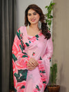 Baby Pink Satin Georgette Rose Floral Printed Saree with Attached Blouse – Elegant Soft-Flow Designer Saree