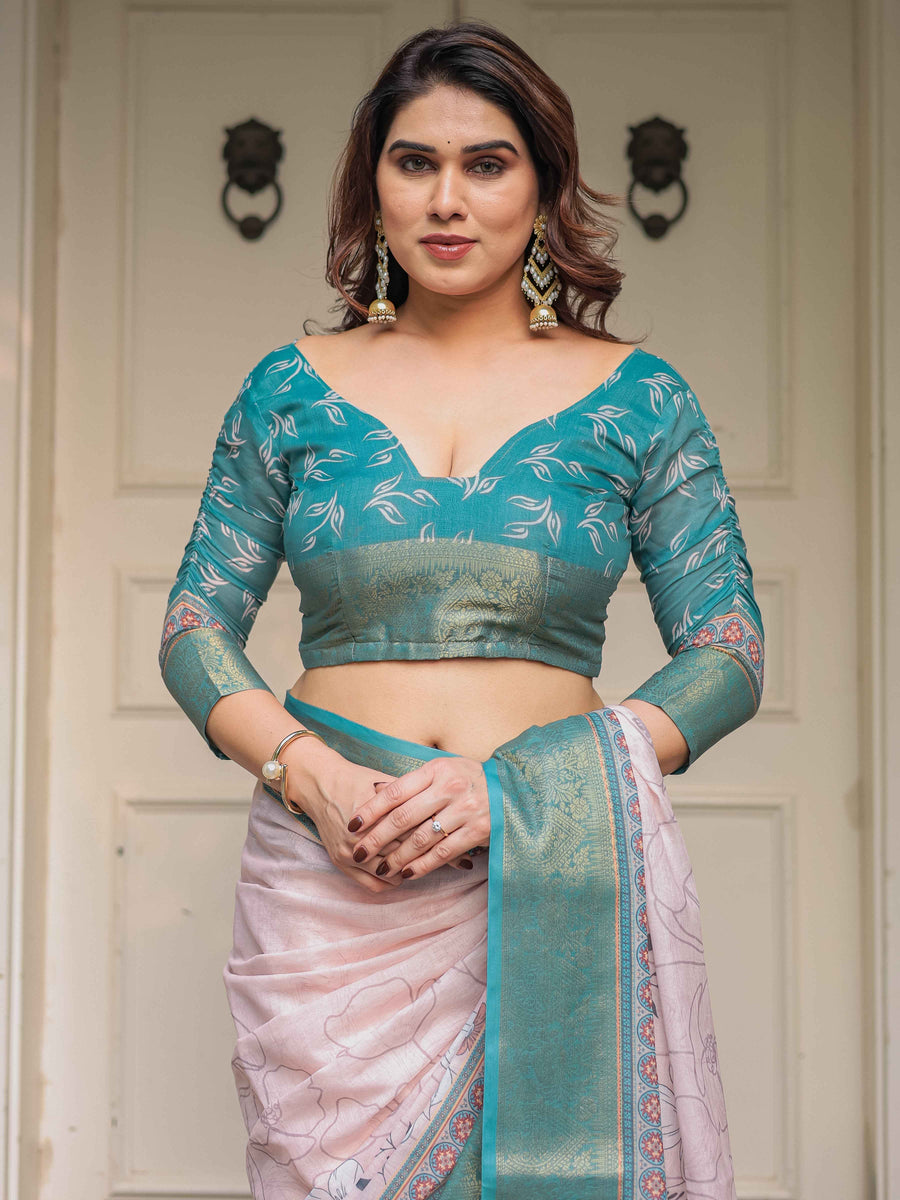 Pastel Lavender Floral Printed Saree with Teal Green Zari Border & Tassels – Festive Ethnic Wear