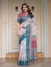 Ivory Floral Printed Saree with Rose Pink & Teal Blue Zari Border & Tassels – Festive Ethnic Wear