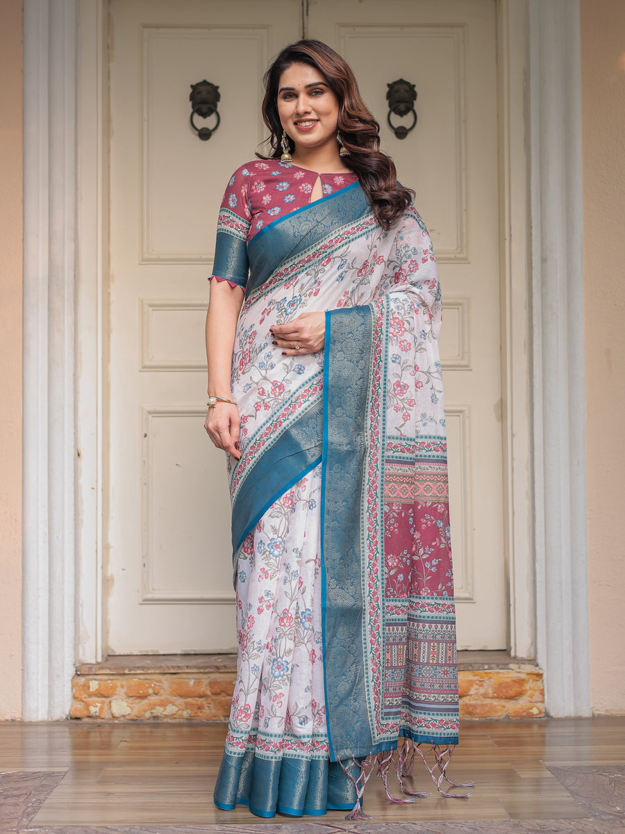 Ivory Floral Printed Saree with Rose Pink & Teal Blue Zari Border & Tassels – Festive Ethnic Wear