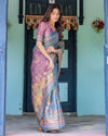 Dusky Blue & Violet Handloom Cotton Saree with Mythical Tree Art & Peacock Detailing