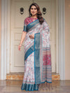 Ivory Floral Printed Saree with Rose Pink & Teal Blue Zari Border & Tassels – Festive Ethnic Wear