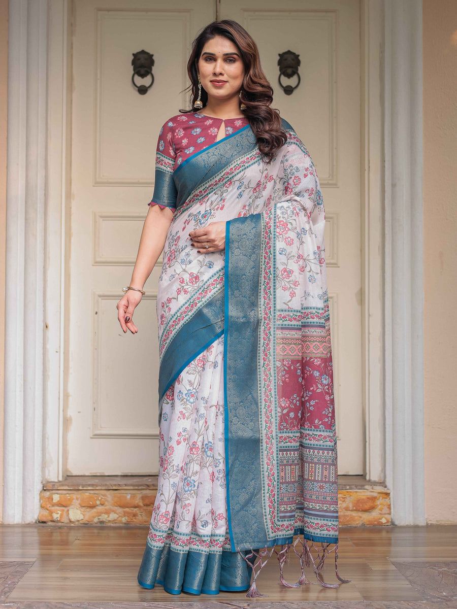 Ivory Floral Printed Saree with Rose Pink & Teal Blue Zari Border & Tassels – Festive Ethnic Wear