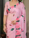 Baby Pink Satin Georgette Rose Floral Printed Saree with Attached Blouse – Elegant Soft-Flow Designer Saree