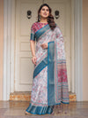 Ivory Floral Printed Saree with Rose Pink & Teal Blue Zari Border & Tassels – Festive Ethnic Wear