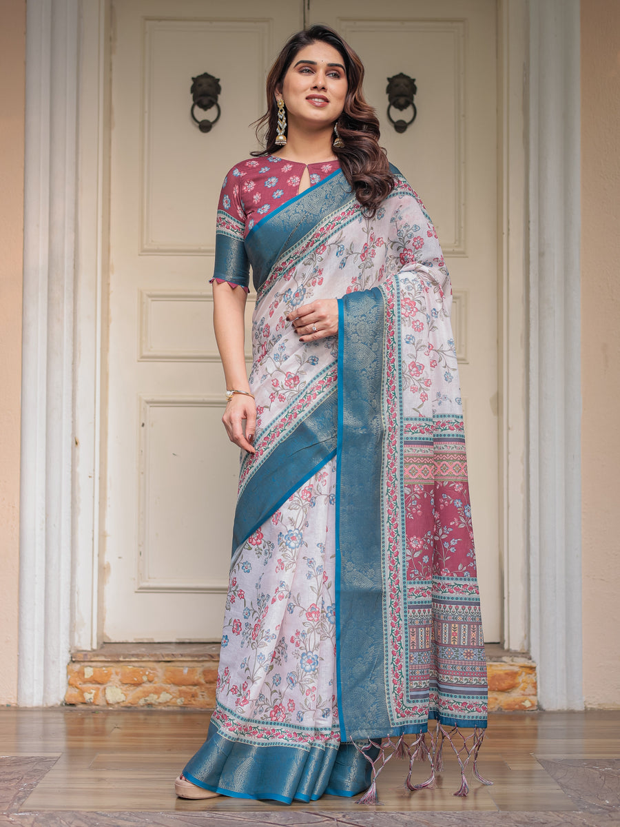 Ivory Floral Printed Saree with Rose Pink & Teal Blue Zari Border & Tassels – Festive Ethnic Wear