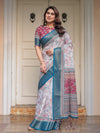 Ivory Floral Printed Saree with Rose Pink & Teal Blue Zari Border & Tassels – Festive Ethnic Wear