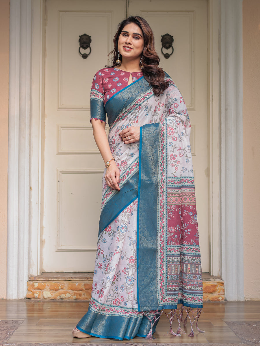 Ivory Floral Printed Saree with Rose Pink & Teal Blue Zari Border & Tassels – Festive Ethnic Wear