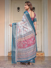 Ivory Floral Printed Saree with Rose Pink & Teal Blue Zari Border & Tassels – Festive Ethnic Wear
