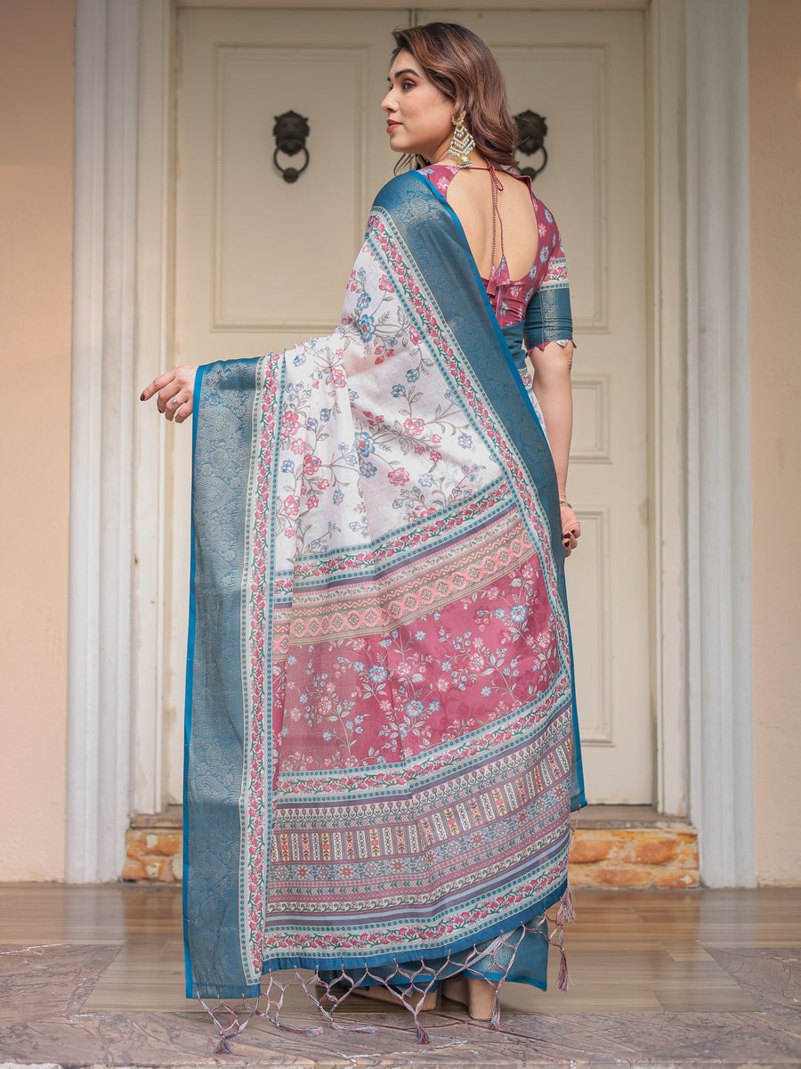 Ivory Floral Printed Saree with Rose Pink & Teal Blue Zari Border & Tassels – Festive Ethnic Wear