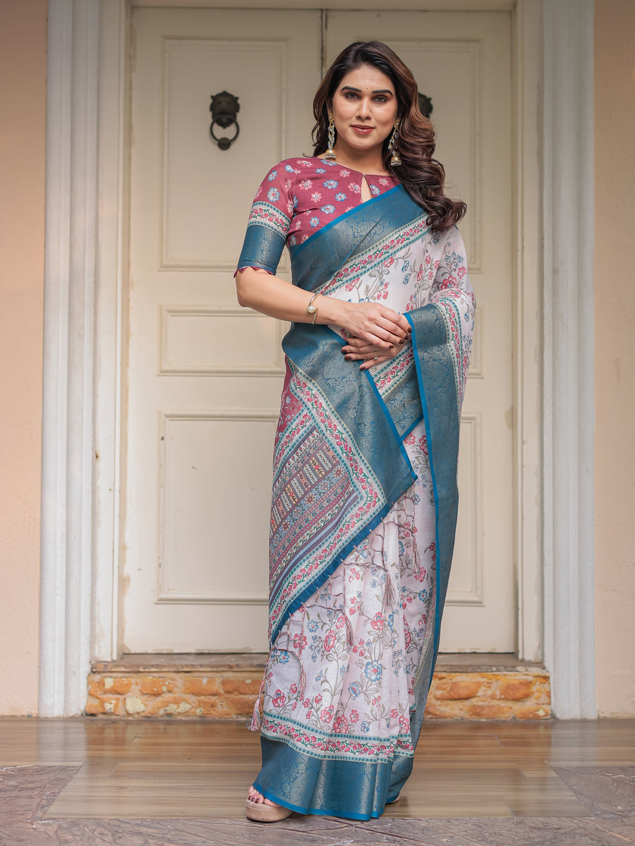 Ivory Floral Printed Saree with Rose Pink & Teal Blue Zari Border & Tassels – Festive Ethnic Wear