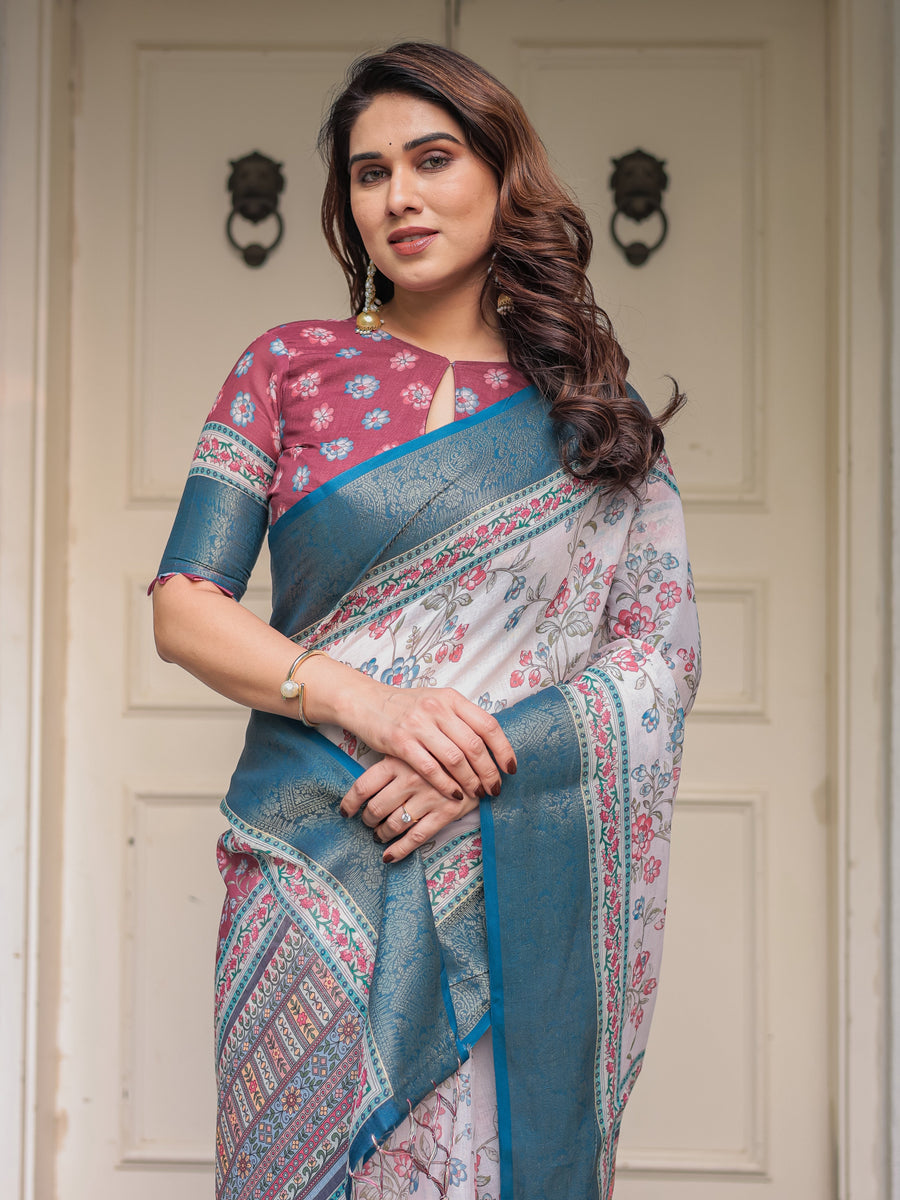 Ivory Floral Printed Saree with Rose Pink & Teal Blue Zari Border & Tassels – Festive Ethnic Wear