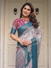 Ivory Floral Printed Saree with Rose Pink & Teal Blue Zari Border & Tassels – Festive Ethnic Wear