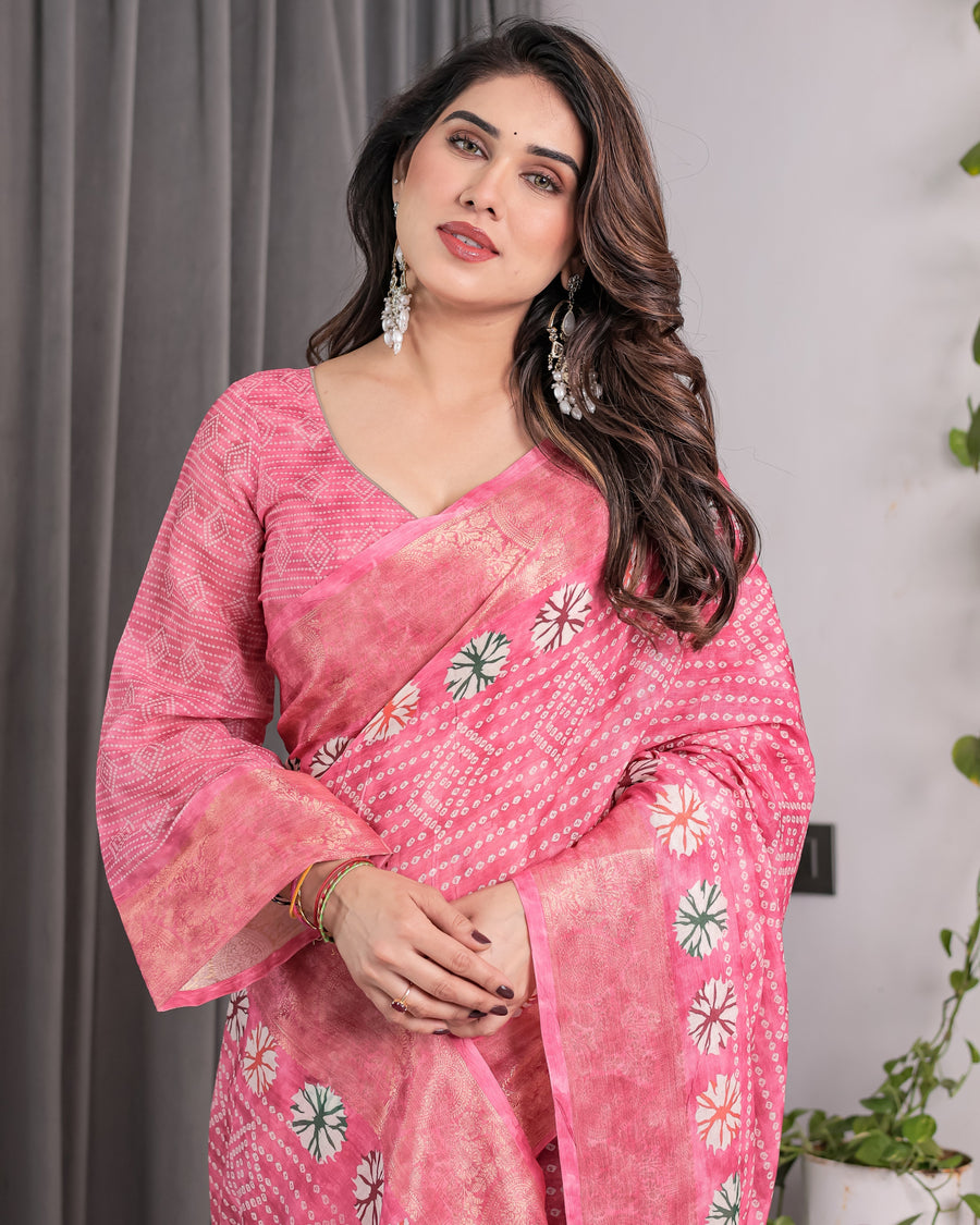 Rose Pink Bandhani-Inspired Handloom Linen Saree with White Floral Dots & Zari Border | 5.5m Saree + 0.8m Attached Blouse with Tassels