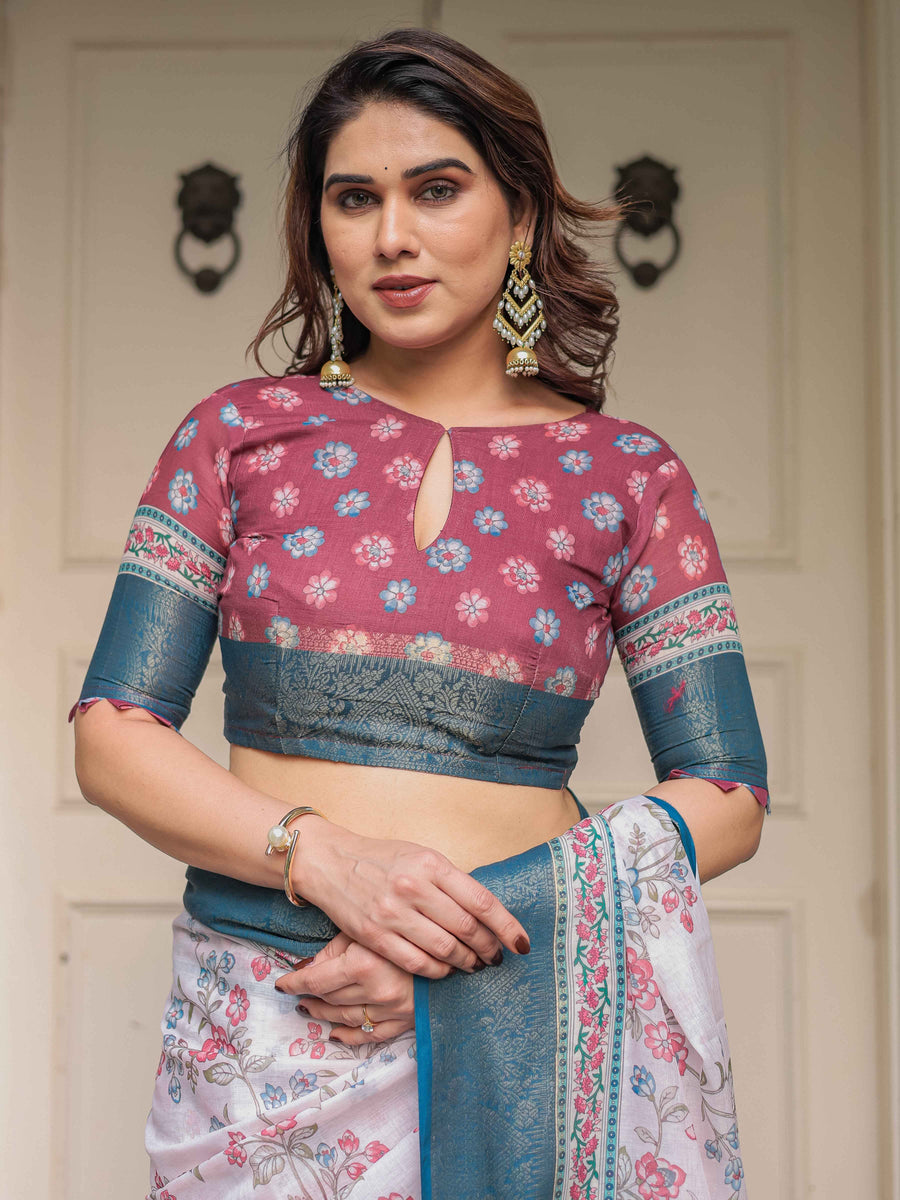 Ivory Floral Printed Saree with Rose Pink & Teal Blue Zari Border & Tassels – Festive Ethnic Wear
